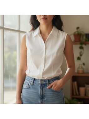 Classic Sleeveless Button-Down Top in White